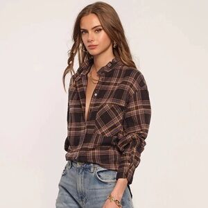 Heartloom Pomona Plaid Button Down Shirt Size Medium, Black, Ruffle Collar